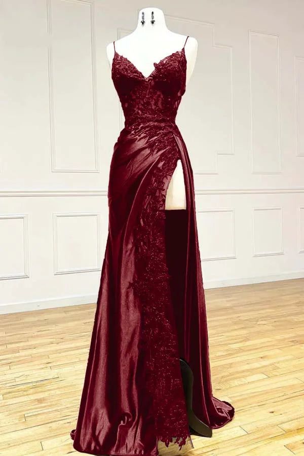 Black Fashion Classy Sexy V-Neck Exquisite Lace Spaghetti Straps Side Slits Long Satin Prom Dress Evening Dress Party Dress