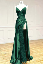 Black Fashion Classy Sexy V-Neck Exquisite Lace Spaghetti Straps Side Slits Long Satin Prom Dress Evening Dress Party Dress
