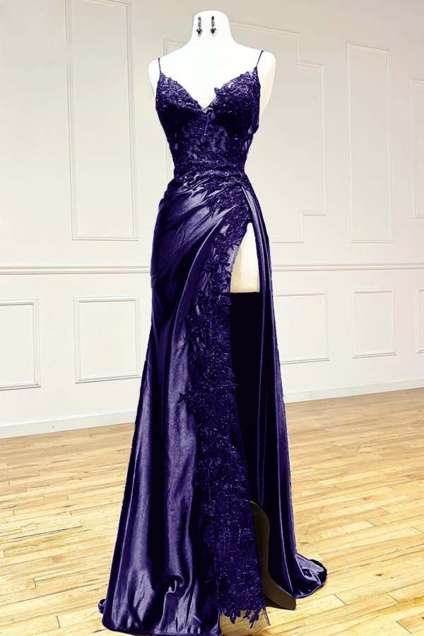 Black Fashion Classy Sexy V-Neck Exquisite Lace Spaghetti Straps Side Slits Long Satin Prom Dress Evening Dress Party Dress