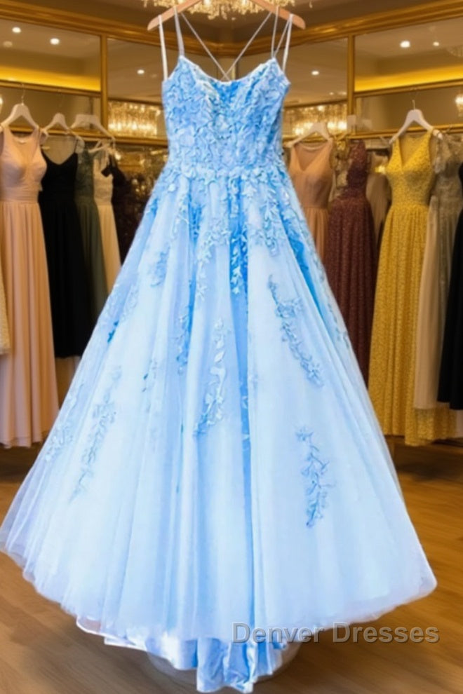 Spaghetti Straps Backless Blue Lace Prom Dress, Open Back Blue Lace Formal Evening Dress