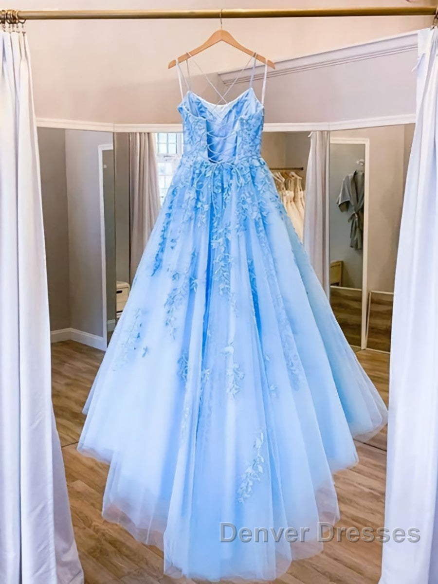 Spaghetti Straps Backless Blue Lace Prom Dress, Open Back Blue Lace Formal Evening Dress
