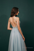 Spaghetti Straps Beading Front Split Long Sky Blue Prom Dresses