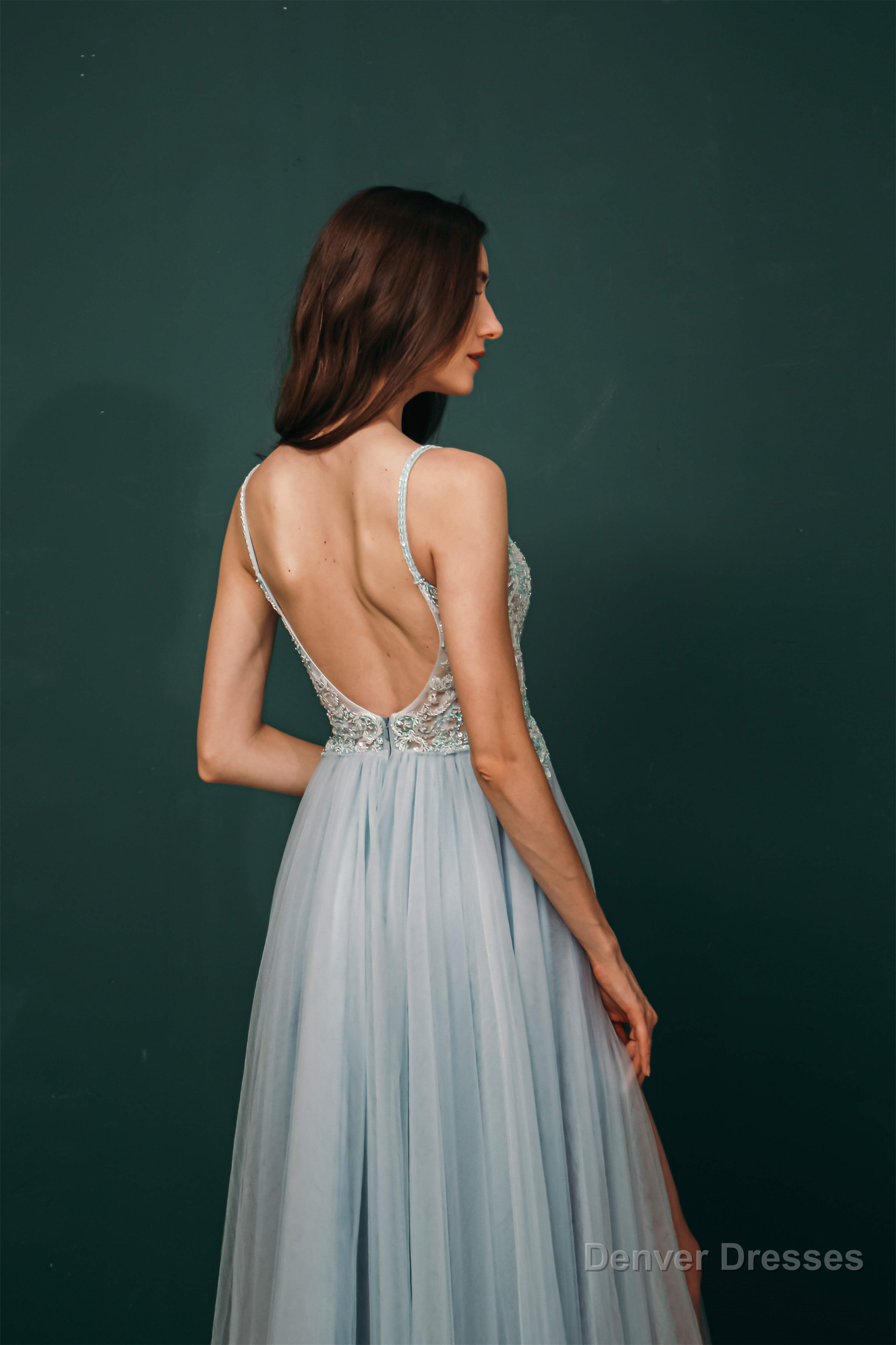 Spaghetti Straps Beading Front Split Long Sky Blue Prom Dresses