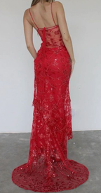 Spaghetti Straps Birthday Party Dress Red Lace Prom Dress