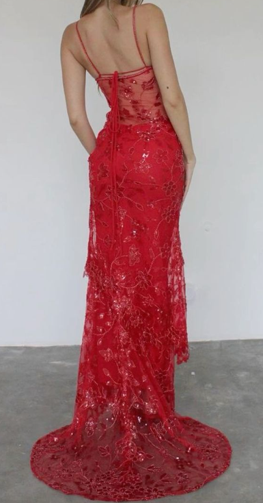 Spaghetti Straps Birthday Party Dress Red Lace Prom Dress