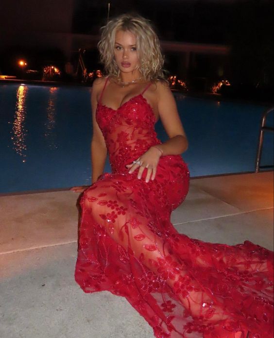 Spaghetti Straps Birthday Party Dress Red Lace Prom Dress