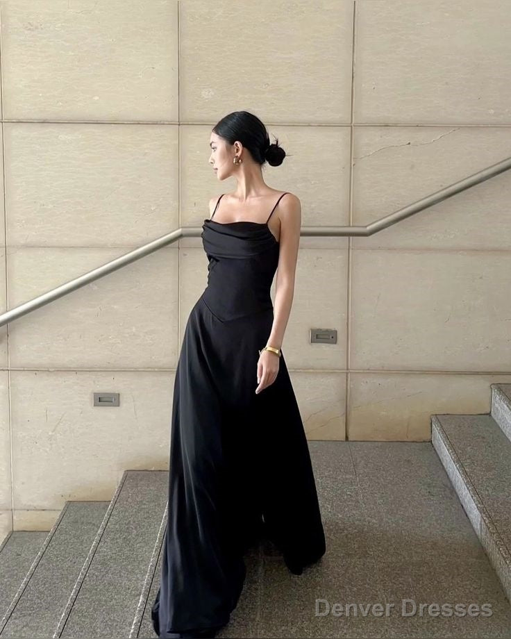 Spaghetti Straps Black A Line Long Prom Dresses Back Open Secondary image