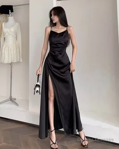 Spaghetti Straps Black A Line Satin Long Prom Dresses With Slit Main image