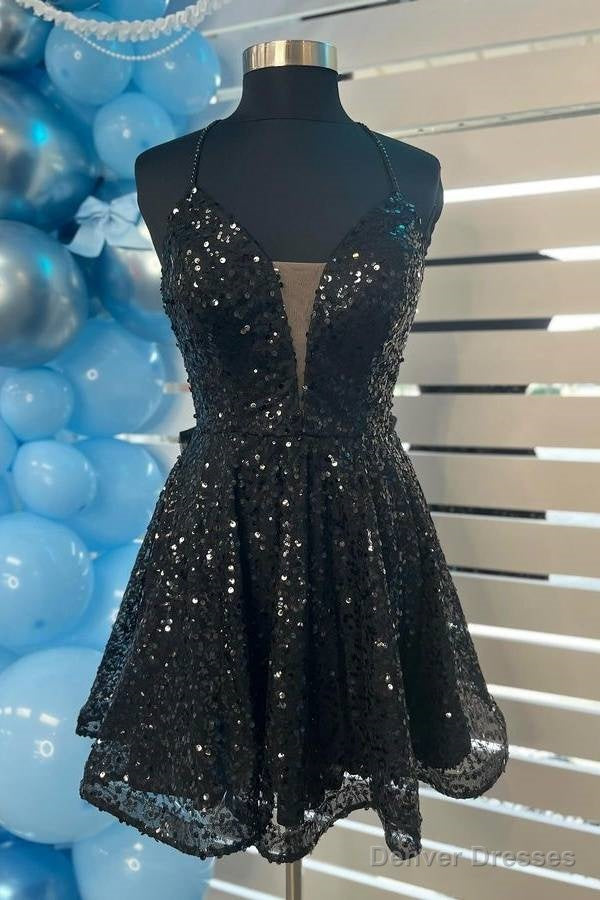 Spaghetti Straps Black Sequin Homecoming Dress with Bow Main image