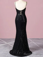Spaghetti Straps Black Sequin Prom Dress Mermaid Skirt
