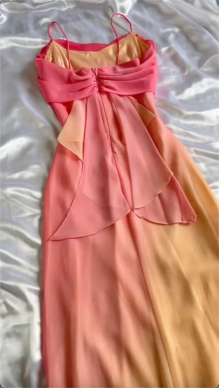 Blue/Orange Fashion Gradient Elegant Spaghetti Strap Long Chiffon Prom Dress Evening Dress Party Dress