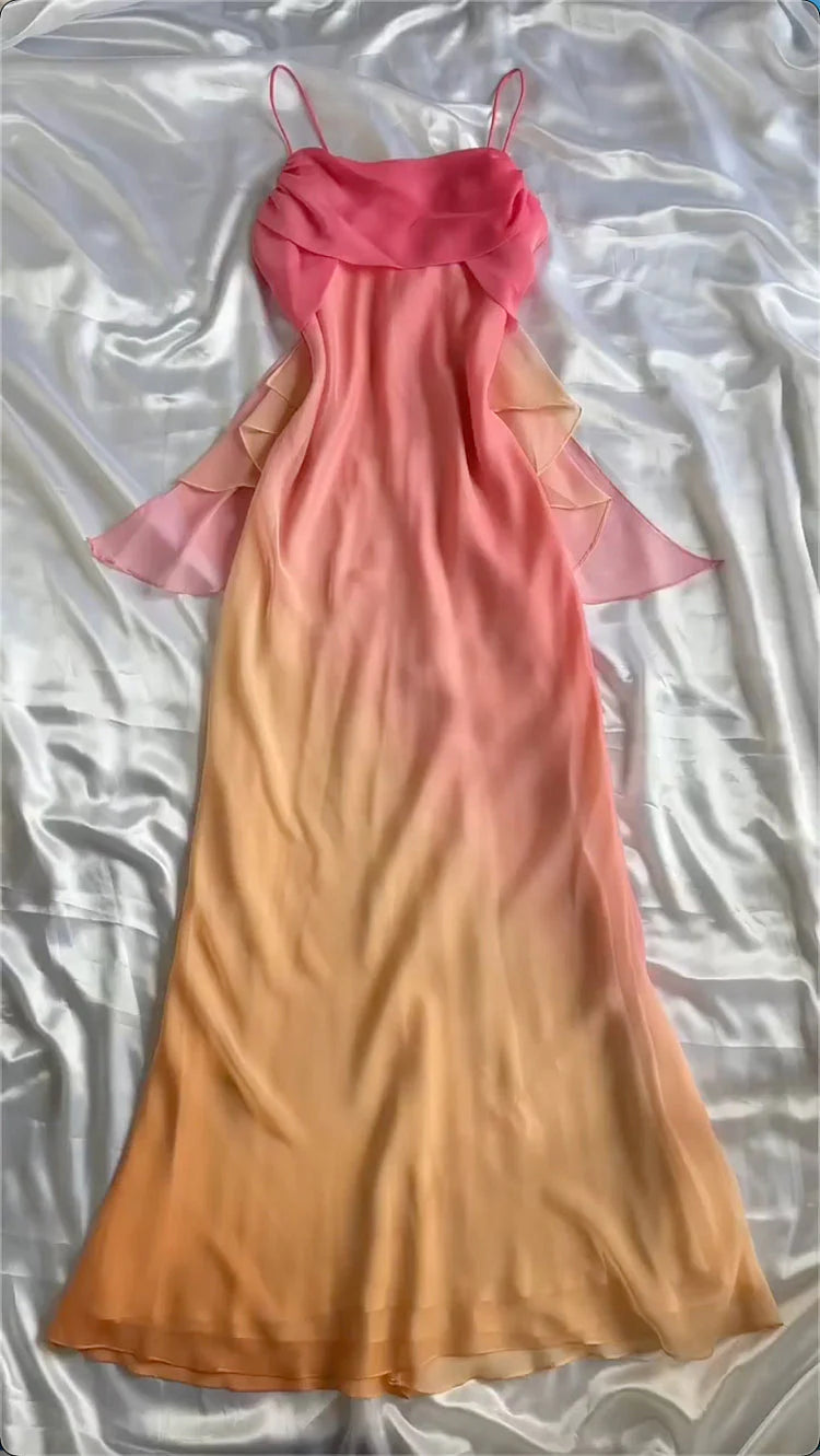 Blue/Orange Fashion Gradient Elegant Spaghetti Strap Long Chiffon Prom Dress Evening Dress Party Dress