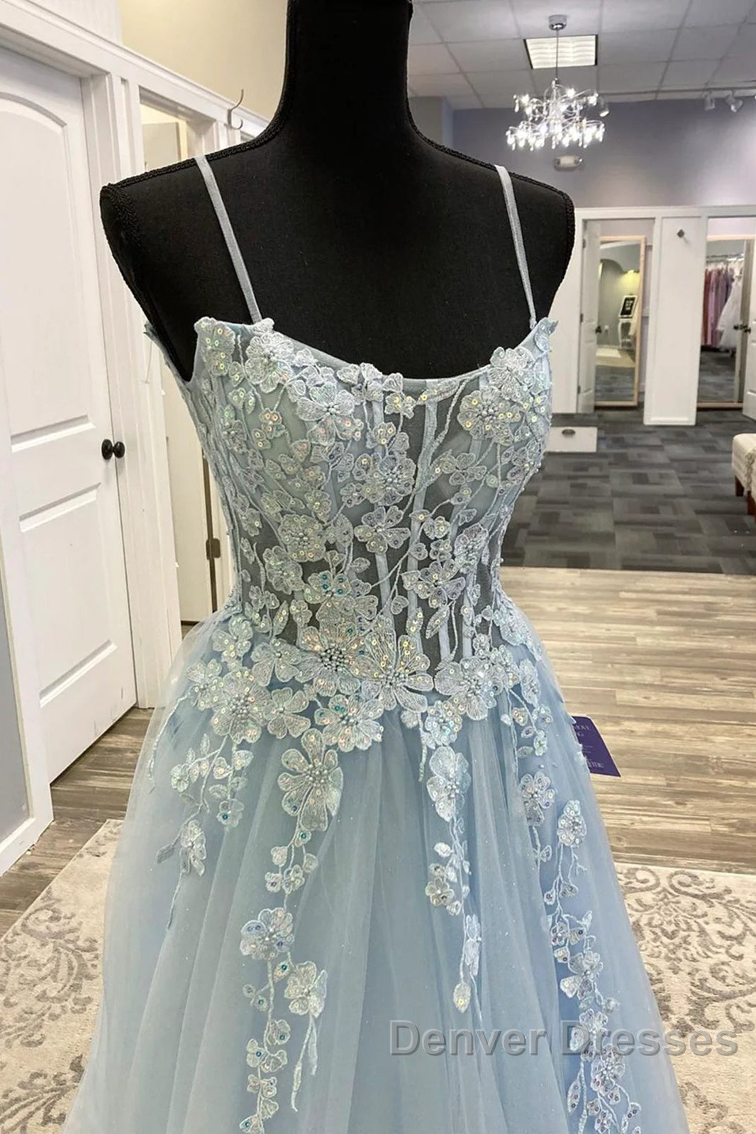 Spaghetti Straps Blue Lace Prom Dress, Blue Lace Long Formal Evening Dress