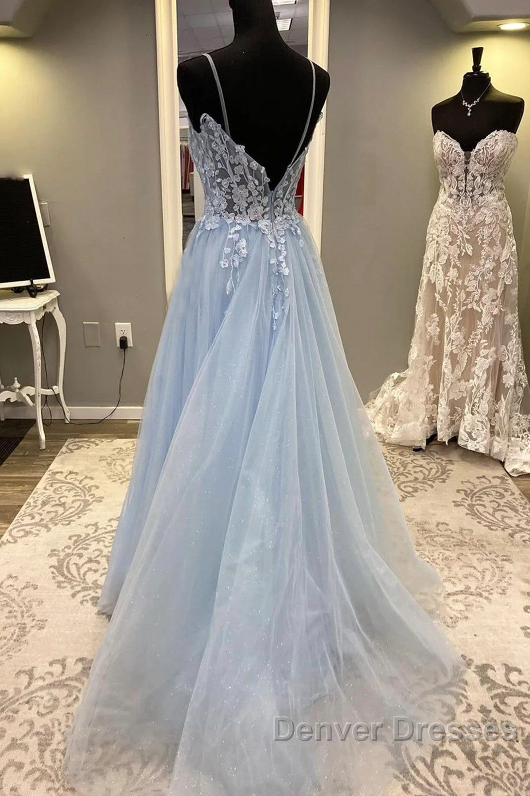 Spaghetti Straps Blue Lace Prom Dress, Blue Lace Long Formal Evening Dress
