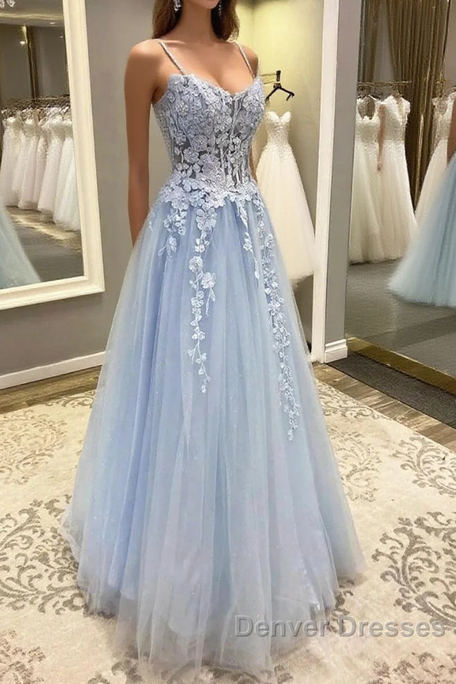 Spaghetti Straps Blue Lace Prom Dress, Blue Lace Long Formal Evening Dress Main image