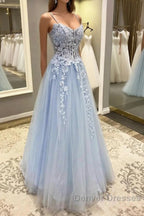 Spaghetti Straps Blue Lace Prom Dress, Blue Lace Long Formal Evening Dress