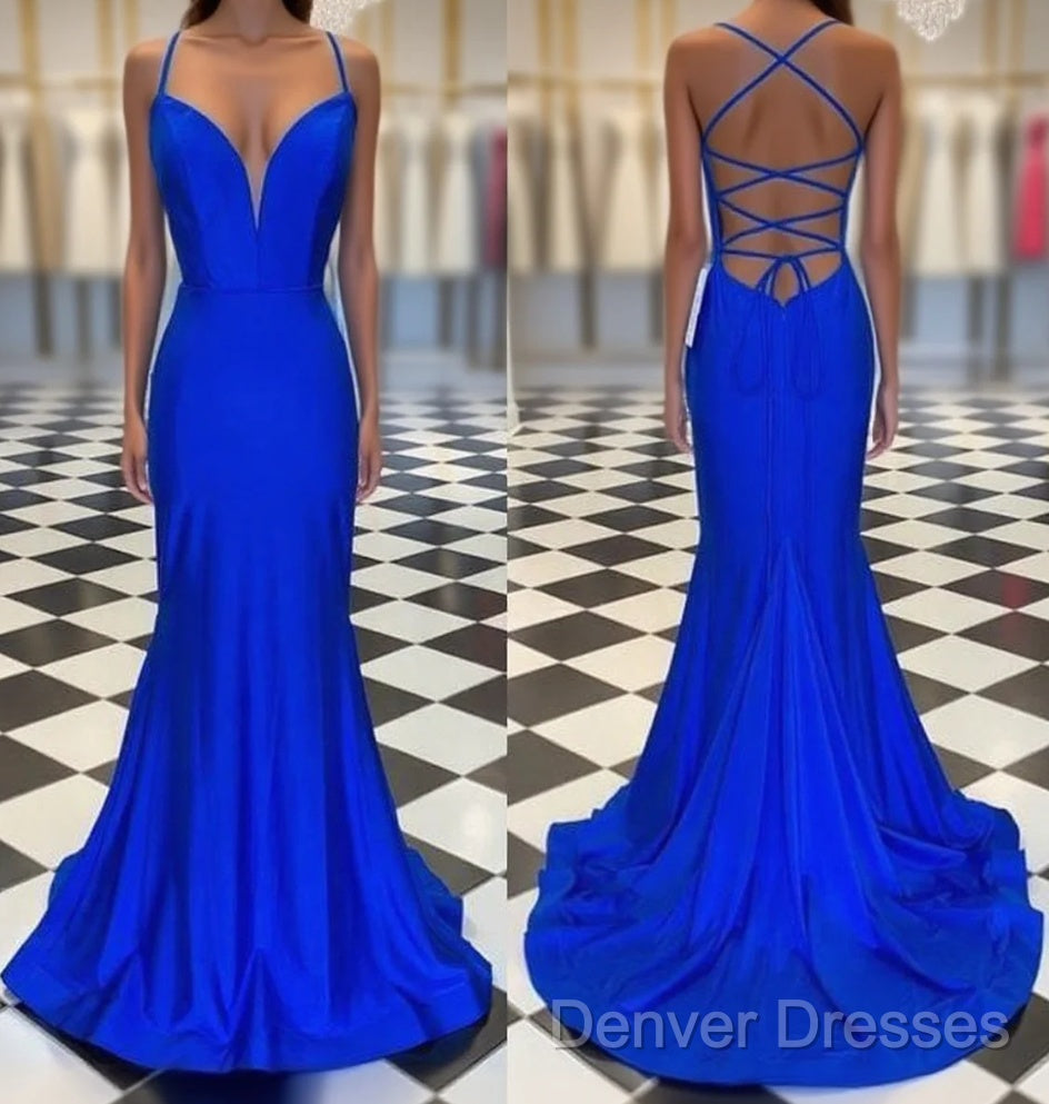 Spaghetti Straps Blue Satin Mermaid Prom Dress Main image