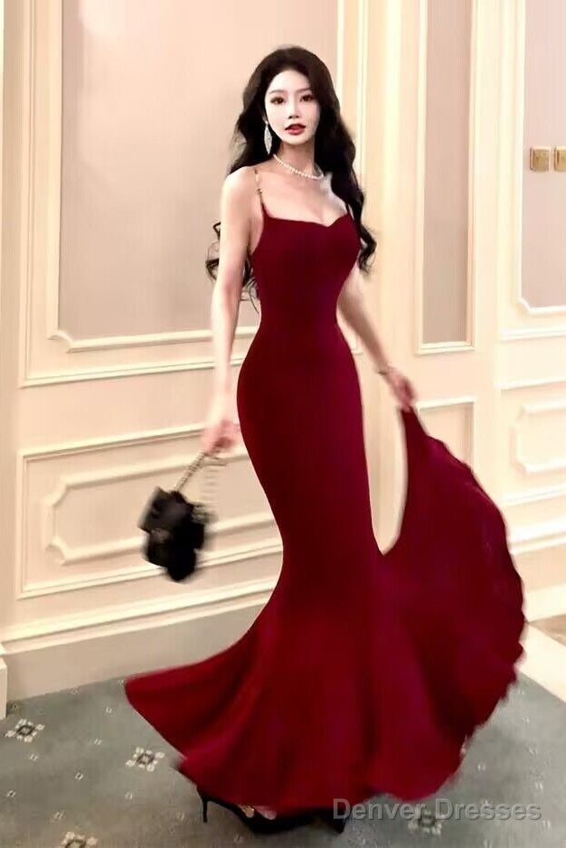Spaghetti Straps Burgundy Mermaid Long Prom Dresses Main image