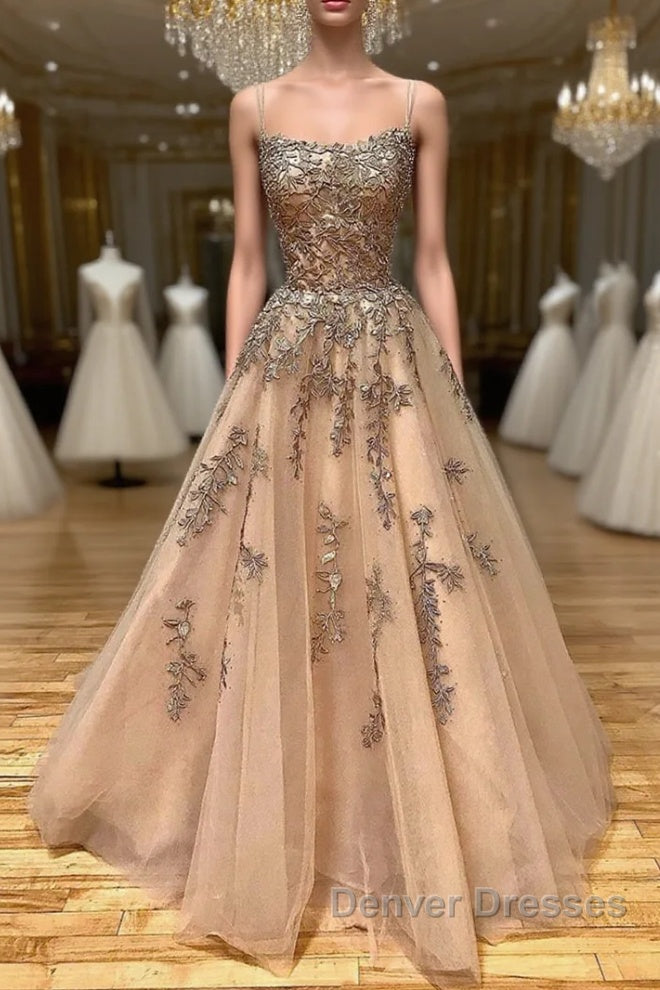 Spaghetti Straps Champagne Lace Tulle Long Prom Dress, Champagne Lace Formal Evening Dress, Champagne Ball Gown Main image