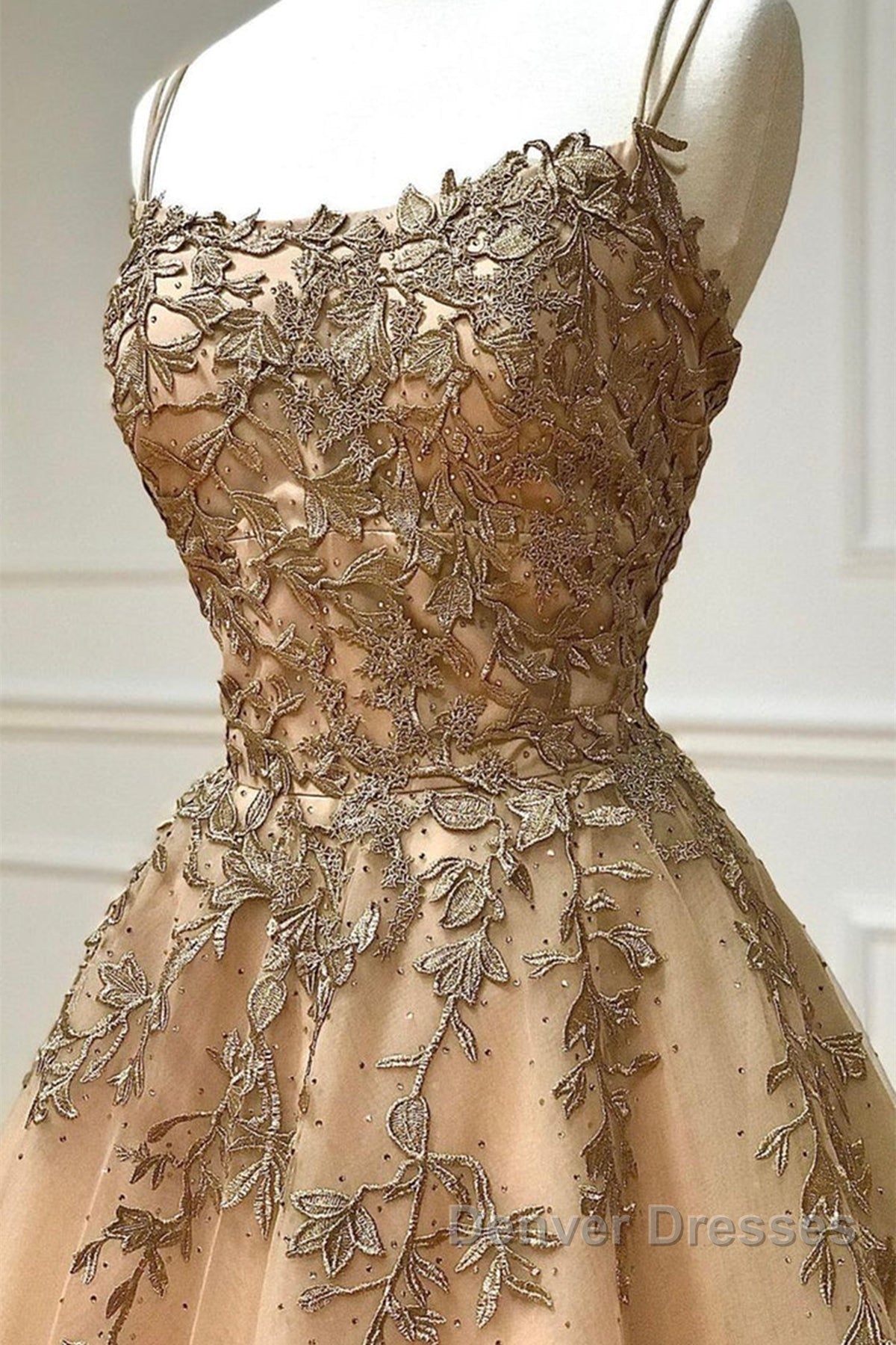 Spaghetti Straps Champagne Lace Tulle Long Prom Dress, Champagne Lace Formal Evening Dress, Champagne Ball Gown Secondary image