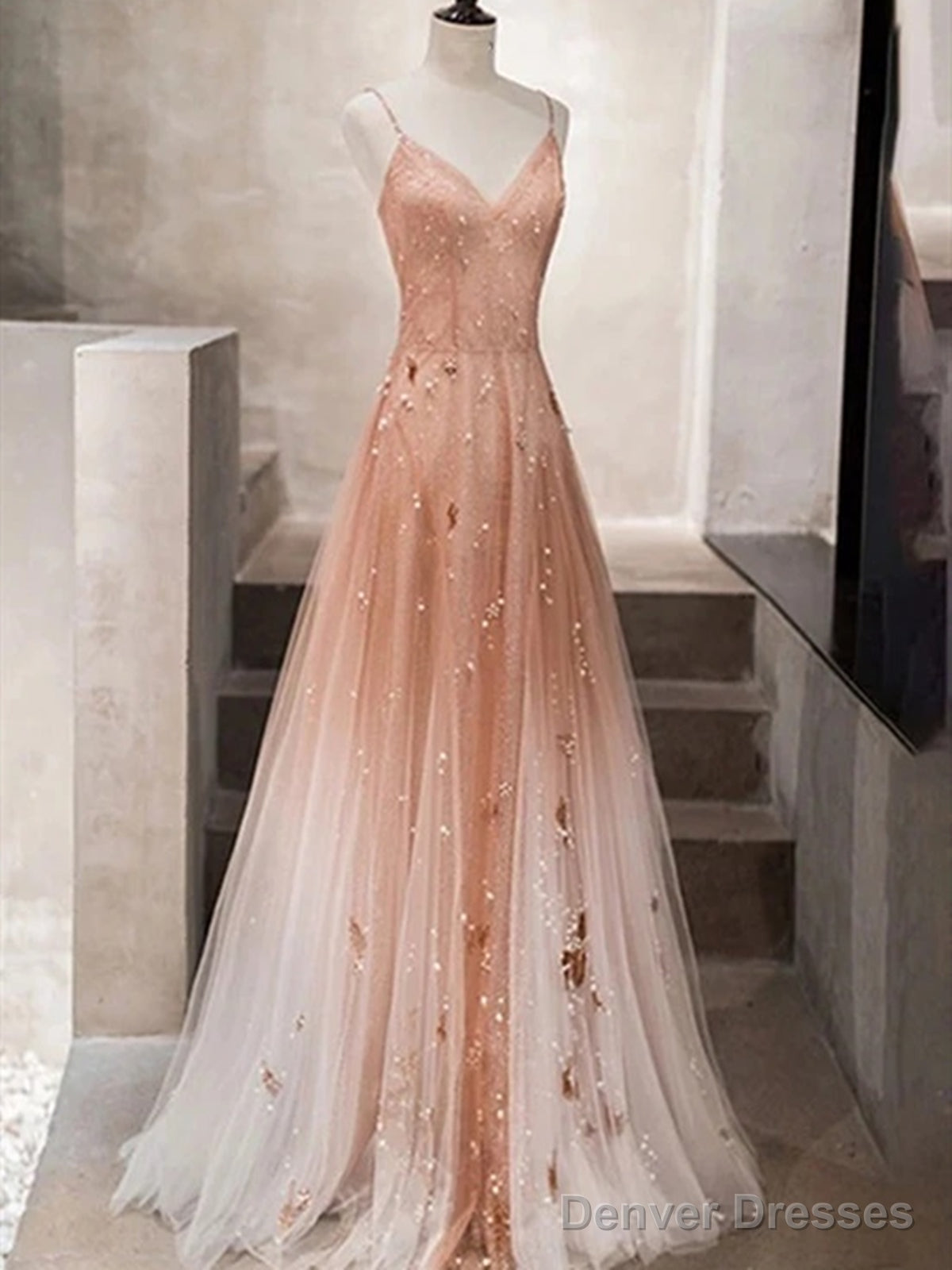 Spaghetti Straps Champagne Tulle Long Beaded Prom Dresses, A Line V Neck Champagne Formal Evening Dresses Main image