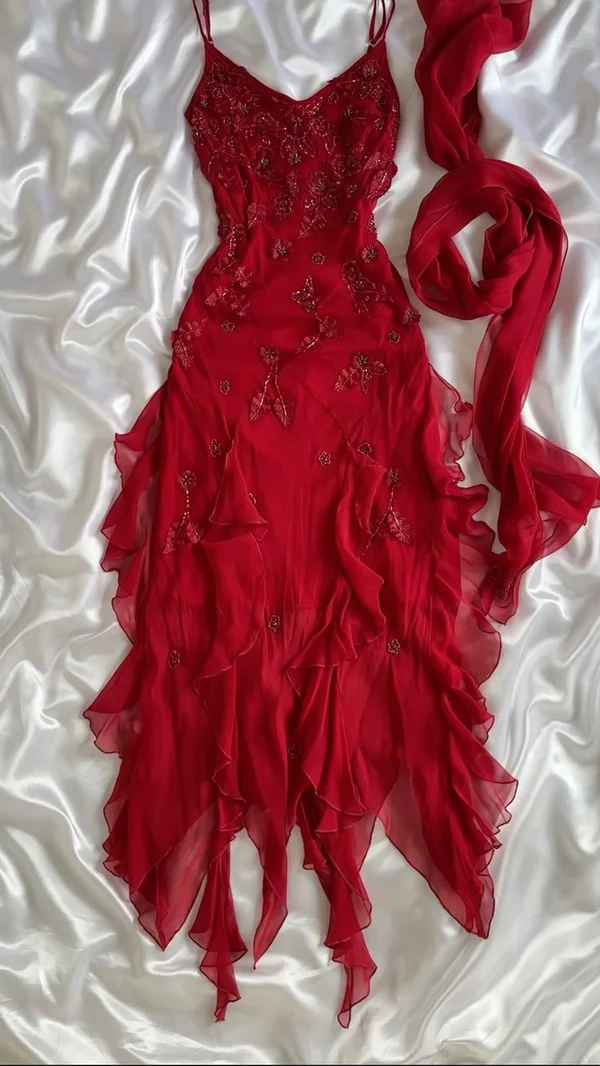 Spaghetti Straps Chiffon Ruffles Beading Red Prom Dress Party Evening Dress Main image