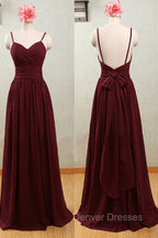 Spaghetti Straps Claret Chiffon Sweetheart Open Back Bridesmaid Dress
