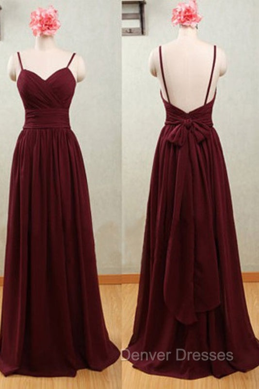 Spaghetti Straps Claret Chiffon Sweetheart Open Back Bridesmaid Dress