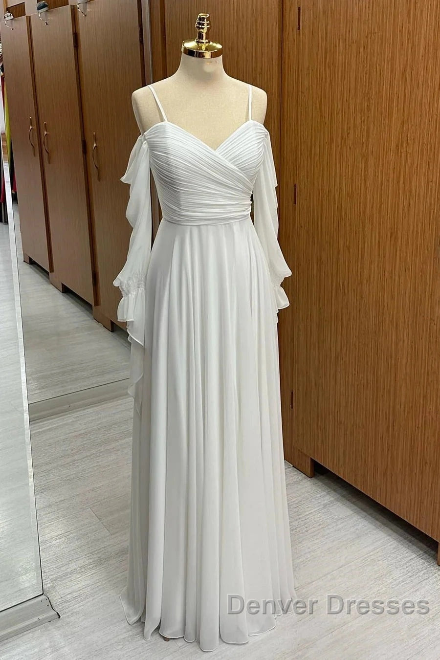 Spaghetti Straps Cold-Shoulder Floor Length Chiffon Bridesmaid Dress