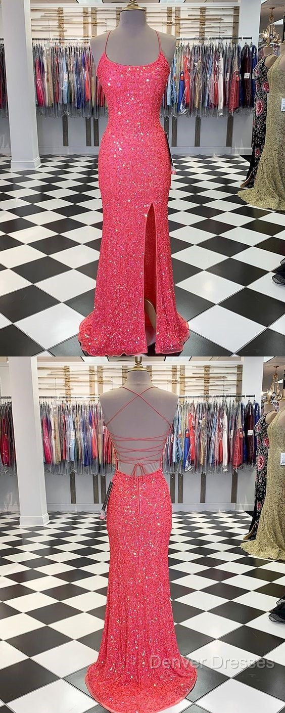 Spaghetti Straps Coral Pink Sequin Mermaid Prom Dress With Slit Secondary image