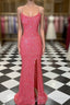Spaghetti Straps Coral Pink Sequin Mermaid Prom Dress With Slit