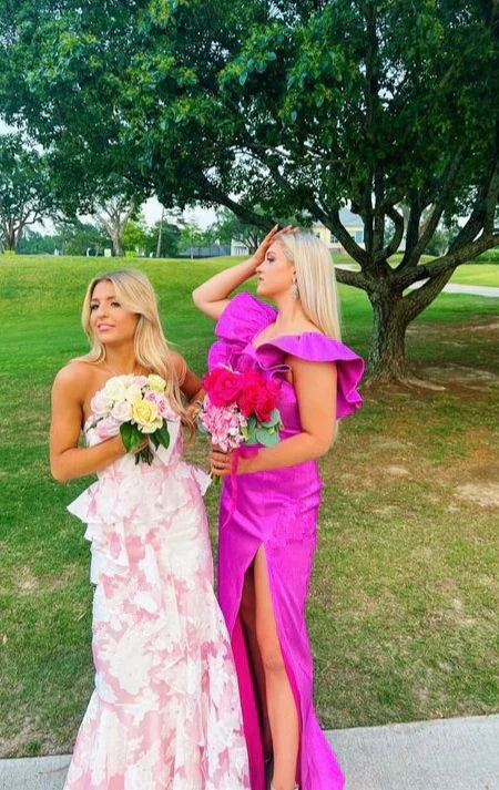 Elegant Off-Shoulder Printed Floral Mermaid Slim Fit Long Ruffled Ball Gown Evening Dress Formal Party Dress