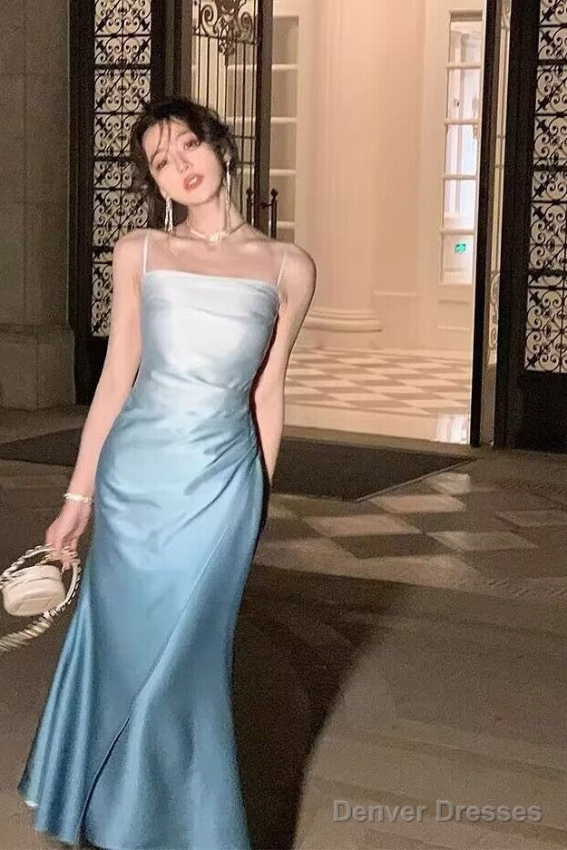 Spaghetti Straps Gradient Blue Mermaid Long Prom Dresses Main image
