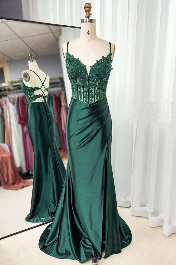 Spaghetti Straps Green Mermaid Prom Dress With Slit Satin Formal Dress