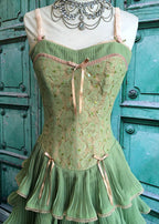 Green Pink Sweet Spaghetti Strap Layered Long Lace Tulle Ball Gown Evening Dress Coming Of Age Ceremony Dress