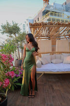 Spaghetti Straps Green Sexy Prom Dress Long Evening Dress With Split