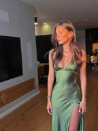 Spaghetti Straps Green Sexy Prom Dress Long Evening Dress With Split