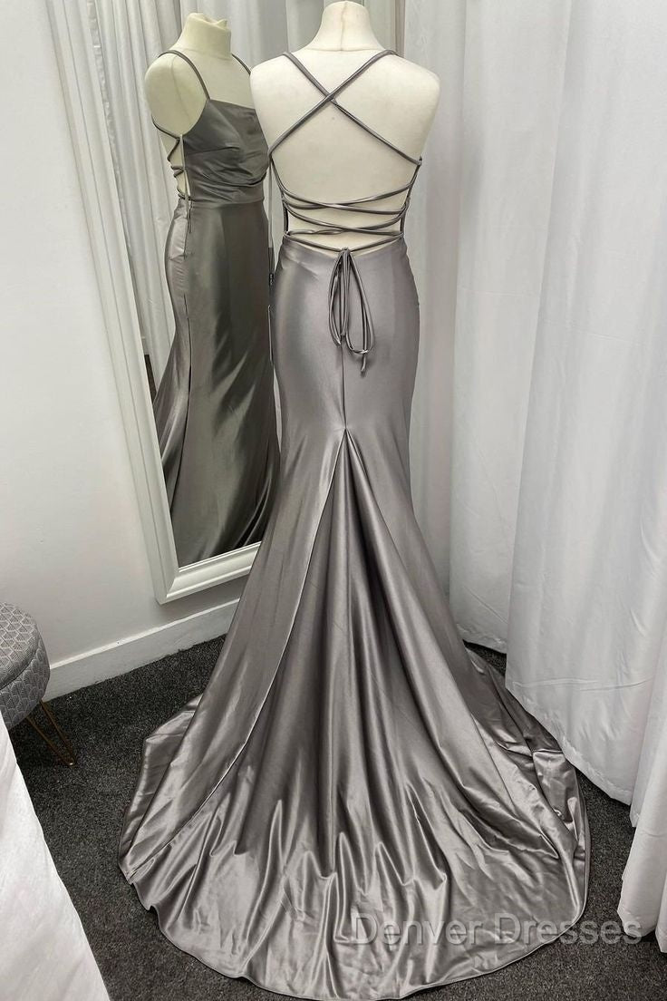 Spaghetti Straps Grey Mermaid Satin Long Prom Dress Secondary image