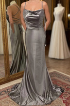 Spaghetti Straps Grey Mermaid Satin Long Prom Dress