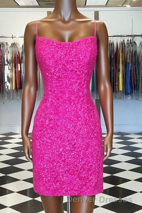 Spaghetti Straps Hot Pink Bodycon Mini Dress,Graduation Dress Main image