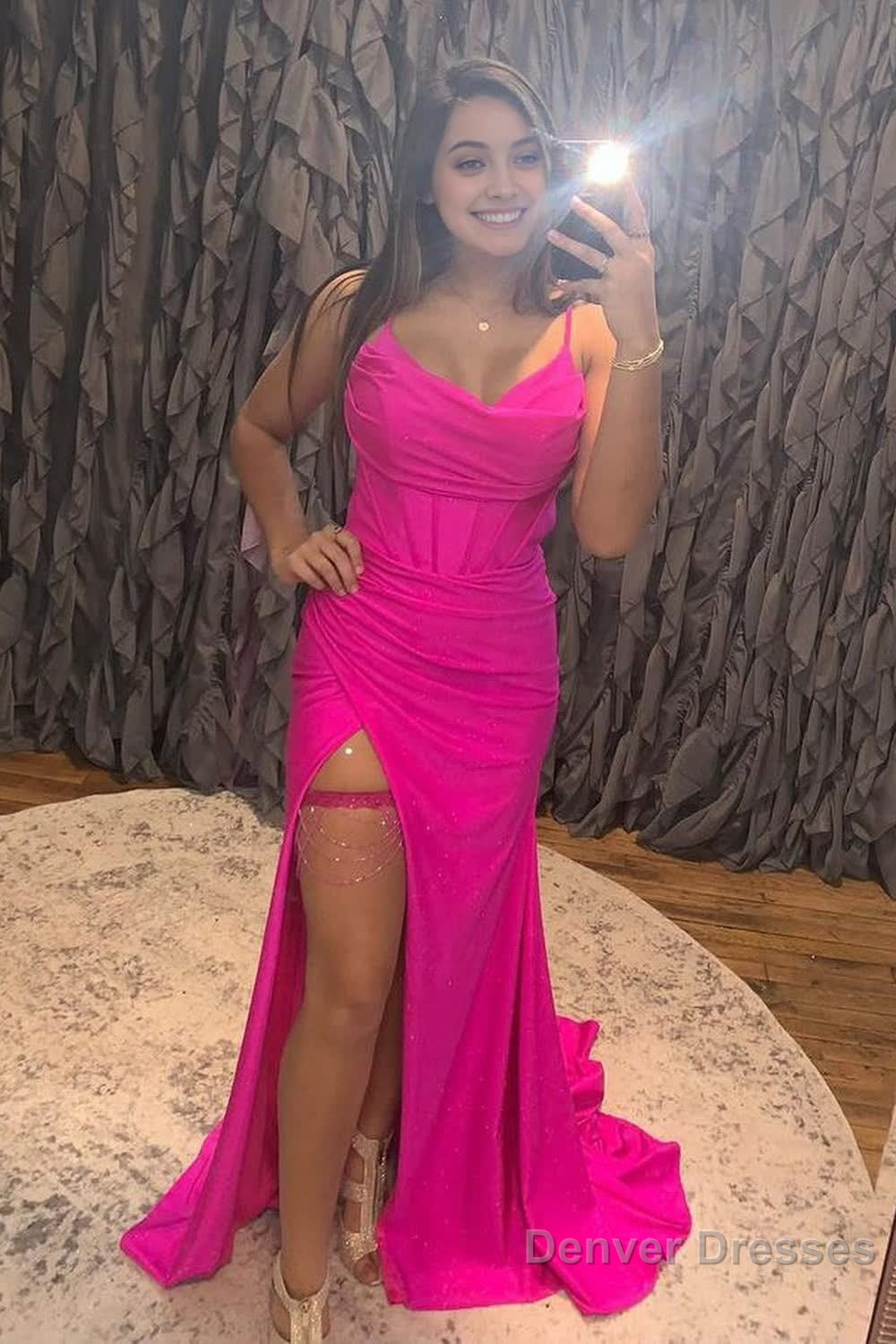 Spaghetti Straps Hot Pink Corset Prom Dress with Slit Main image