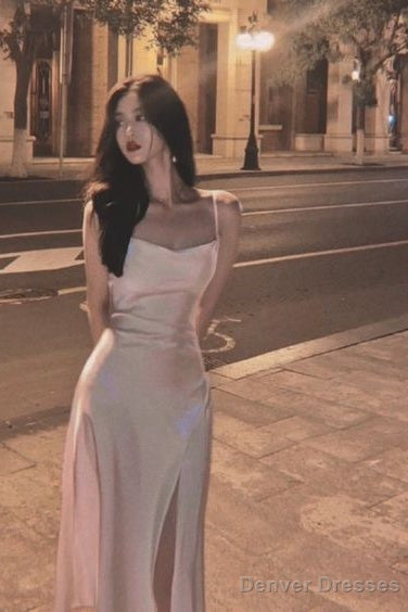 Spaghetti Straps Ivory Satin Mermaid Prom Dresses Side Slit Prom Dress