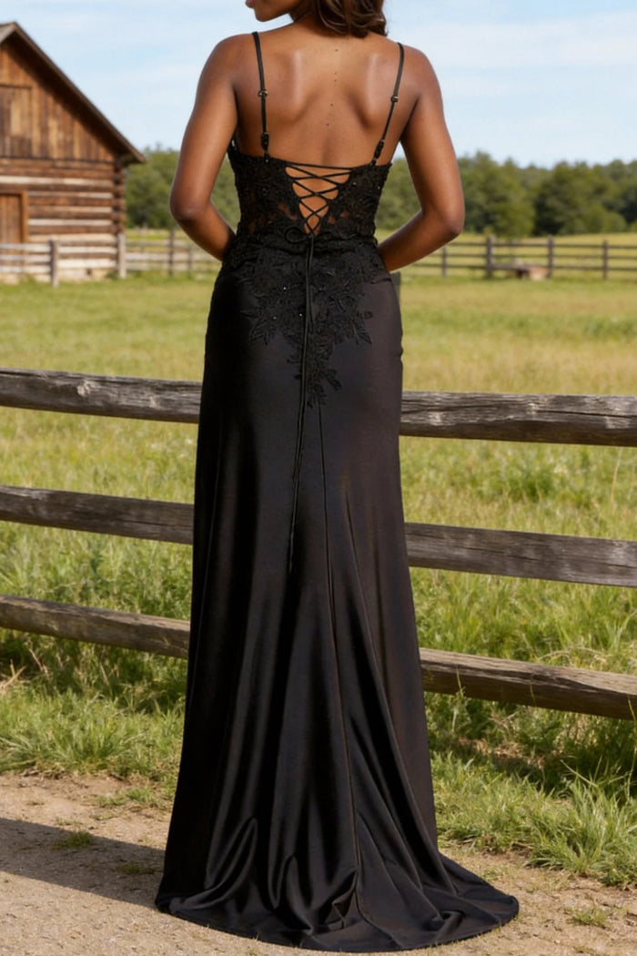 Spaghetti Straps Lace Bodice Long Prom Dress with Slit