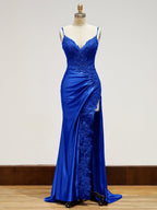Spaghetti Straps Lace Bodice Long Prom Dress with Slit