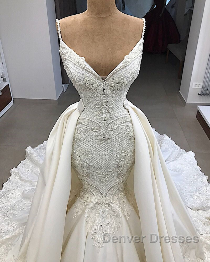 Spaghetti Straps Lace Fit and Flare Wedding Dress Overskirt Appliques Detachable Satin Backless Bridal Gowns