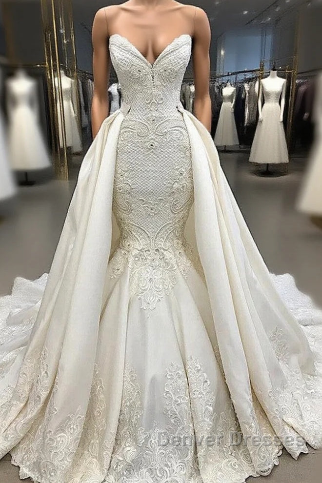 Spaghetti Straps Lace Fit and Flare Wedding Dress Overskirt Appliques Detachable Satin Backless Bridal Gowns Main image