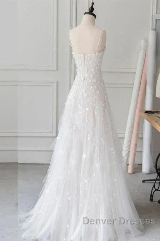 Spaghetti Straps Lace Tulle Floor Length Beads Prom Dress Wedding Dress With Flowers Secondary image