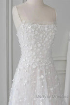Spaghetti Straps Lace Tulle Floor Length Beads Prom Dress Wedding Dress With Flowers