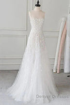 Spaghetti Straps Lace Tulle Floor Length Beads Prom Dress Wedding Dress With Flowers