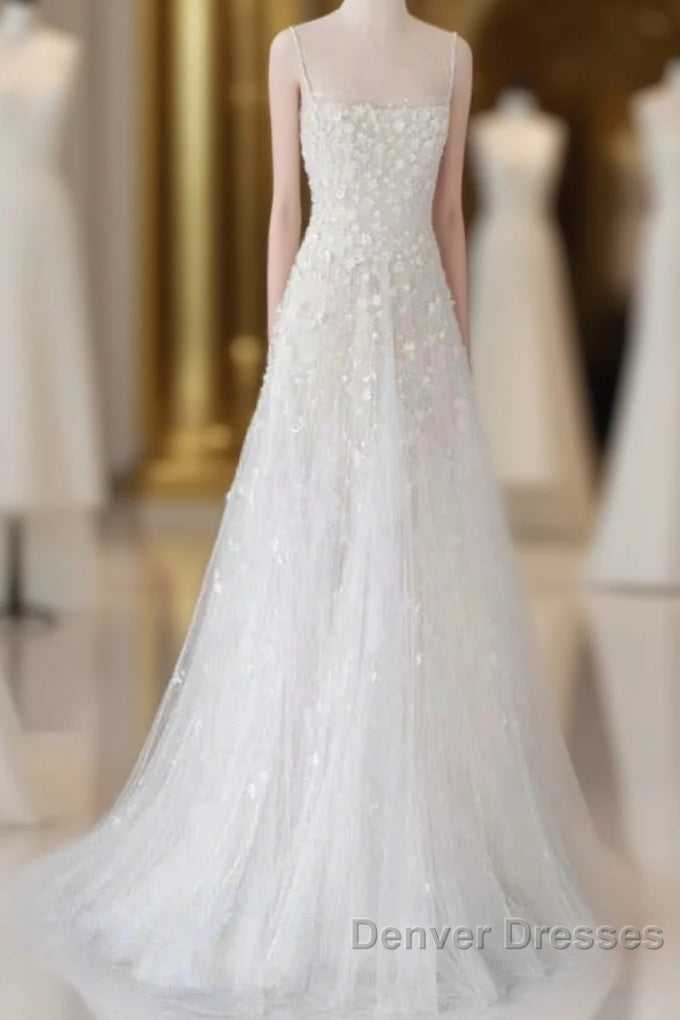 Spaghetti Straps Lace Tulle Floor Length Beads Prom Dress Wedding Dress With Flowers Main image